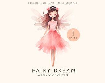 May include: Watercolor illustration of a pink fairy with brown hair and a flower crown. She is wearing a pink dress and has wings. The image is labeled "Fairy Dream watercolor clipart".