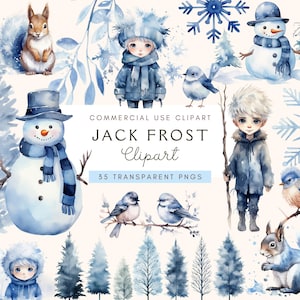Conjunto de Cliparts de Jack Frost | Flocos de Neve de Boneco de Neve de Inverno | Download Instantâneo | Pacote de Gráficos em Aquarela | Uso Comercial | PNGs Transparentes