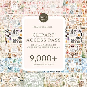Könnte beinhalten: Eine digitale Sammlung von über 320 Clipart-Paketen mit mehr als 9.000 transparenten PNG-Dateien. Das weiße Etikett in der Mitte zeigt den Text: 320+ PACKS, COMMERCIAL USE, CLIPART ACCESS PASS, LIFETIME ACCESS TO CURRENT & FUTURE PACKS, 9,000+ TRANSPARENT PNGS.