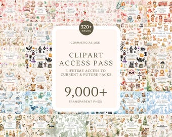 Op de afbeelding: Een digitale collectie van meer dan 320 clipart-pakketten met 9.000+ transparante PNG-bestanden. Het centrale witte label toont de tekst: 320+ PACKS, COMMERCIAL USE, CLIPART ACCESS PASS, LIFETIME ACCESS TO CURRENT & FUTURE PACKS, 9,000+ TRANSPARENT PNGS.