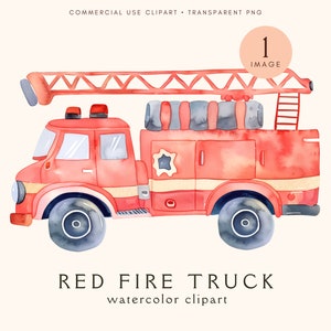 Feuerwehrauto Aquarell Clipart | Digitales Papiermodell | Kinderzimmer Dekor | Illustration | Junk Journal | Clip-Kunst Rot | Transparenter Png