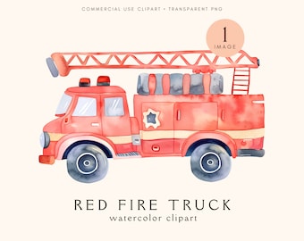 Fire Truck Watercolor Clipart | Digital Paper Craft | Nursery Decor | Illustration | Junk Journal | Clip Art | Red | Transparent Png