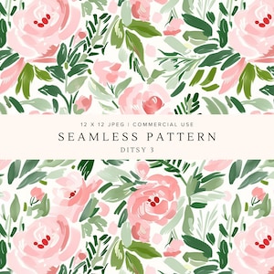May include: A seamless floral pattern with pink roses and green leaves, painted in a watercolour style, set against a white backdrop. The design includes the text "12 X 12 JPEG | COMMERCIAL USE" and "SEAMLESS PATTERN DITSY 3".