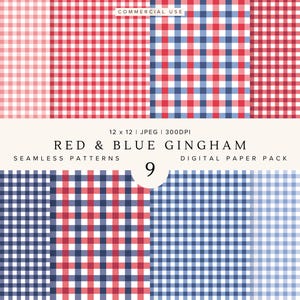 Puede incluir: Un paquete de papel digital con nueve patrones de cuadros de vichy sin costuras en rojo y azul. Los patrones incluyen variaciones de cuadros rojos y azules, con un fondo blanco. La imagen incluye el texto "RED & BLUE GINGHAM" y "DIGITAL PAPER PACK".