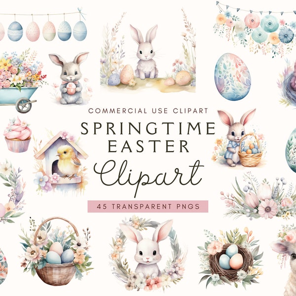 Watercolor Easter Bunny Clipart Bundle | Easter Basket Clip Art | Spring Flowers | Floral Bouquets | Happy Easter Eggs PNG | Commercial Use