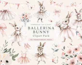 Clipart di coniglietto ballerino ad acquerello / Coniglietto floreale carino / Decorazioni per la cameretta / Decorazioni per baby shower / Tutù / Coniglietto carino / Download digitale