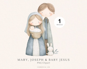 Holy Family Clipart | Cute Mary Joseph and Baby Jesus | Nativity Scene PNG | Christian Christmas Art | Religious, Watercolor Illustration