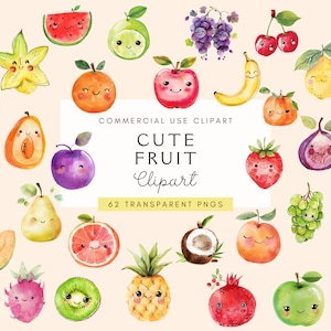 Clipart de fruits kawaii | Clipart Joli fruit | Aquarelle de fruits png | Clipart nourriture | Pomme | Fraise | Utilisation commerciale | Téléchargement instantané