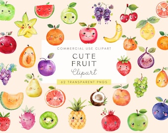 Kawaii Fruit Clipart | Cute Fruit Clip Art | Watercolor Fruit Png | Food Clipart | Apple | Strawberry | Commercial Use | Instant Download