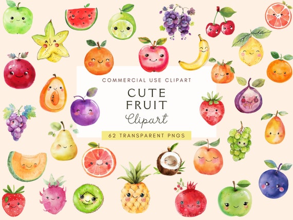 Kawaii Fruit Clipart | Cute Fruit Clip Art | Watercolor Fruit Png | Food Clipart | Apple | Strawberry | Commercial Use | Instant Download