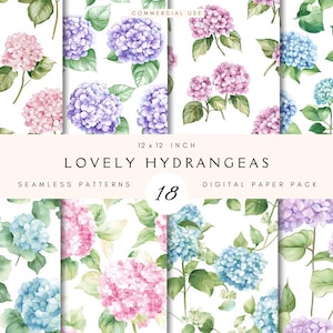 Hydrangeas Seamless Pattern | Watercolor Repeatable Pattern | Blue | Pink | Purple | Junk Journal Digital Paper | Commercial Use | Print