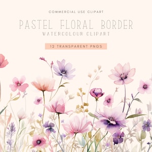Pastelkleurige aquarel bloemenrand | Junkjournaal | Zachte pastel bloemen clipart | Illustraties wilde bloemen | Randset wilde bloemen | Veldranden