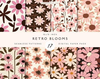 Diseño de patrón de superficie repetible con estampado floral retro sin costuras / Papel digital imprimible / Repetible / Licencia comercial