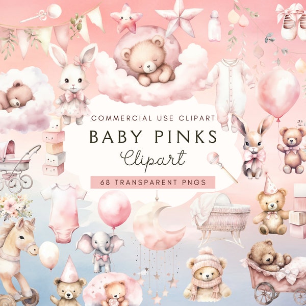 Pink Baby Shower | Cute Teddy Bear | Newborn | Nursery | It's a Girl | Watercolour Graphics Bundle  | Transparent PNGs | Commercial Use