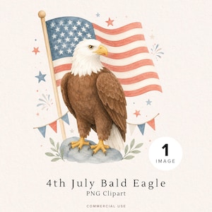 4th of July bald eagle PNG clipart with watercolor American flag, patriotic stars, fireworks, bunting, and commercial use design.