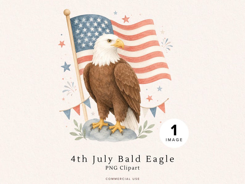 4th of July bald eagle PNG clipart with watercolor American flag, patriotic stars, fireworks, bunting, and commercial use design.