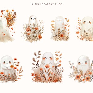Blommig spöke clipart | Spöklika vibbar PNG | Akvarell spöke med blommor | Retro Halloween-tröja | Boho spöke clipart | Digital nedladdning bild 4