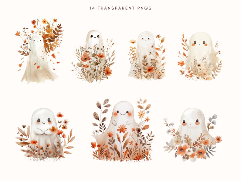 Blommig spöke clipart | Spöklika vibbar PNG | Akvarell spöke med blommor | Retro Halloween-tröja | Boho spöke clipart | Digital nedladdning bild 4