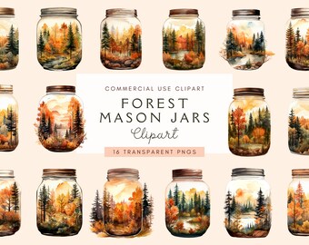 Autumn in a Jar Clipart | Forest Mason Jars | Fall Season | Commercial Use | Watercolor Clipart | Instant Download | Autumn Png | Boho Color