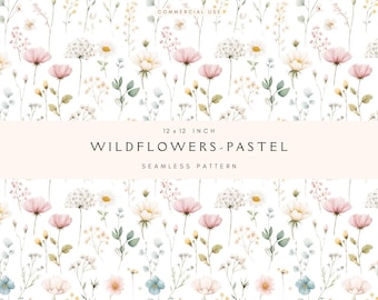 Wildflowers Pastels Seamless Pattern | Boho Flowers | Digital Paper for Crafts, Fabric Design, Project, Scrapbooking, Commercial Use