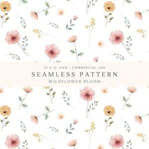 Puede incluir: Un patrón sin costuras con ilustraciones de acuarela de flores silvestres en tonos rosa, amarillo y melocotón, con hojas y tallos verdes, sobre un fondo blanco. Se muestra el texto "SEAMLESS PATTERN WILDFLOWER BLOOM".