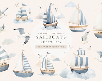 Sailboat Digital Clipart | Clipart of a Seagull | Watercolor PNG | Nautical Printable Art | Instant Download for Crafting & Scrapbooking