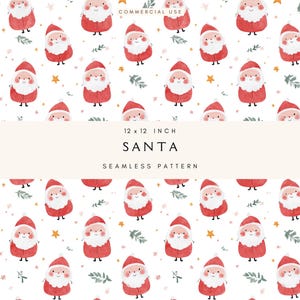 May include: A repeating pattern featuring watercolor illustrations of Santa Claus on a white background. Each Santa is wearing a red suit and hat with a white beard. The design includes small green leaves and gold stars. The text "SANTA" is displayed.