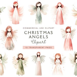 Clipart di angelo di Natale ad acquerello / Biglietto di Natale / Graziosa grafica natalizia / Clip art di angelo digitale, uso commerciale, pacchetto clipart