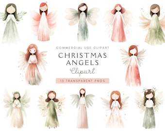 Watercolor Christmas Angel Clipart | Christmas Card | Cute Christmas Graphics | Digital Angel Clip Art, Commercial Use, Clipart Bundle