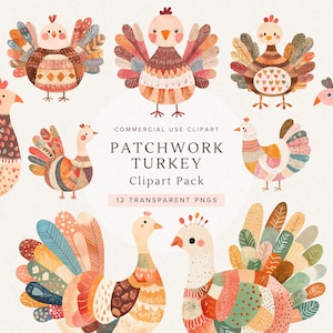 May include: Twelve watercolour turkey clip art images, each with a unique patchwork design. The turkeys feature a variety of colours, including orange, blue, and brown. The text "PATCHWORK TURKEY Clipart Pack" is also visible in the image.