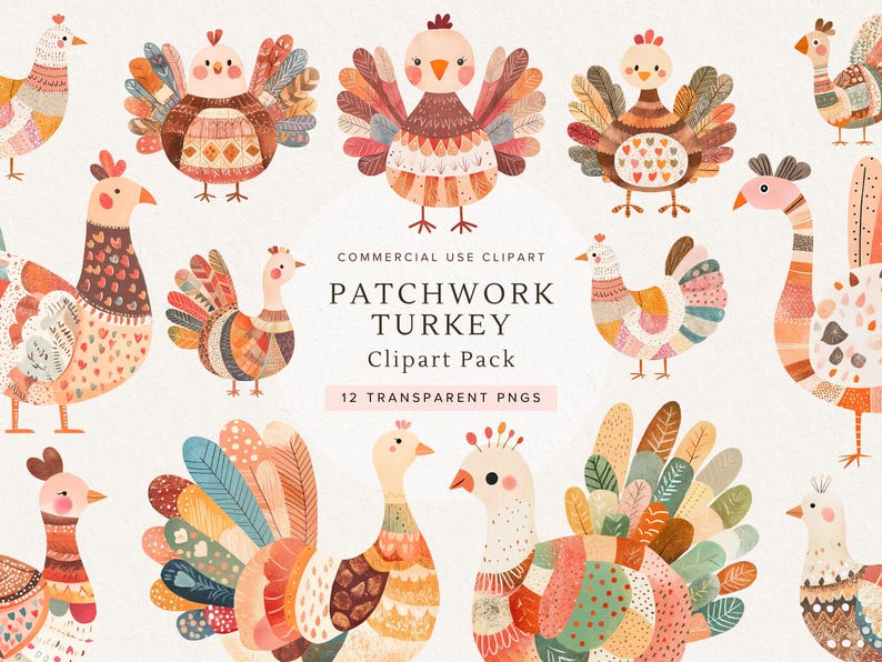 Patchwork Turkey Pattern Patchwork Turkey PNG Bundle | 12 Boho Thanksgiving Clipart Designs ...