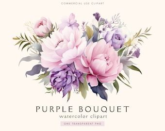 Purple Boho Bouquet Clipart | Lilac | Watercolor Flower | Floral Bouquet | Transparent Pngs | Boho Bouquets | Wedding Clipart | Pink Peony