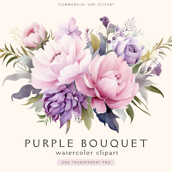 Purple Boho Bouquet Clipart | Lilac | Watercolor Flower | Floral Bouquet | Transparent Pngs | Boho Bouquets | Wedding Clipart | Pink Peony