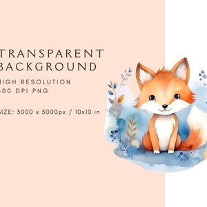 May include: A watercolor illustration of a cute orange fox sitting on a blue watercolor background with gold and blue floral accents. The image has a transparent background.