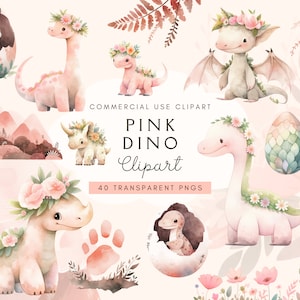 Girly Dinosaurier Clipart | Rosa Dino Png | Babyparty | Transparent | Kommerzielle Nutzung | Kinder | Baby Dinosaurier Clip Art | Kinderzimmer Dekor