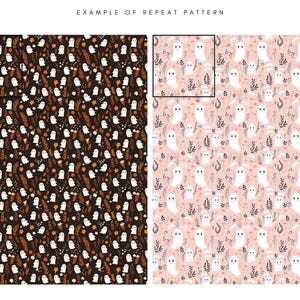 Pu&ograve; includere: Due motivi a ripetizione senza cuciture che presentano fantasmi bianchi con occhi neri e bocche sorridenti su uno sfondo marrone e rosa con motivi floreali bianchi e neri. Il testo "EXAMPLE OF REPEAT PATTERN" &egrave; in alto nell'immagine.