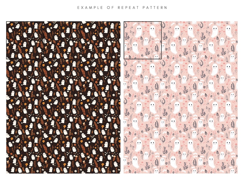 Pu&ograve; includere: Due motivi a ripetizione senza cuciture che presentano fantasmi bianchi con occhi neri e bocche sorridenti su uno sfondo marrone e rosa con motivi floreali bianchi e neri. Il testo "EXAMPLE OF REPEAT PATTERN" &egrave; in alto nell'immagine.