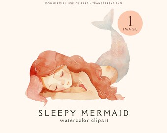 Sleeping Mermaid Clipart | Watercolor Sleepy Mermaid | Whimsical Clip Art | Digital Download | Dreamy Illustration | Magical | Whimsical