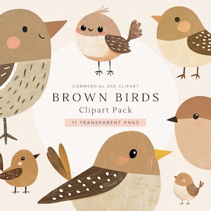 Clipart oiseaux lunatiques | Art mignon d'oiseau d'aquarelle | Téléchargement numérique pour créations manuelles | PNG de haute qualité |  Clipart imprimable pour travaux manuels | Marron