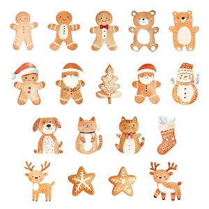 Puede incluir: Un conjunto de ilustraciones de acuarela con figuras de pan de jengibre, animales y decoraciones navide&ntilde;as. Las ilustraciones est&aacute;n en tonos marrones, rojos y blancos, y son perfectas para agregar un toque festivo a tus manualidades navide&ntilde;as.