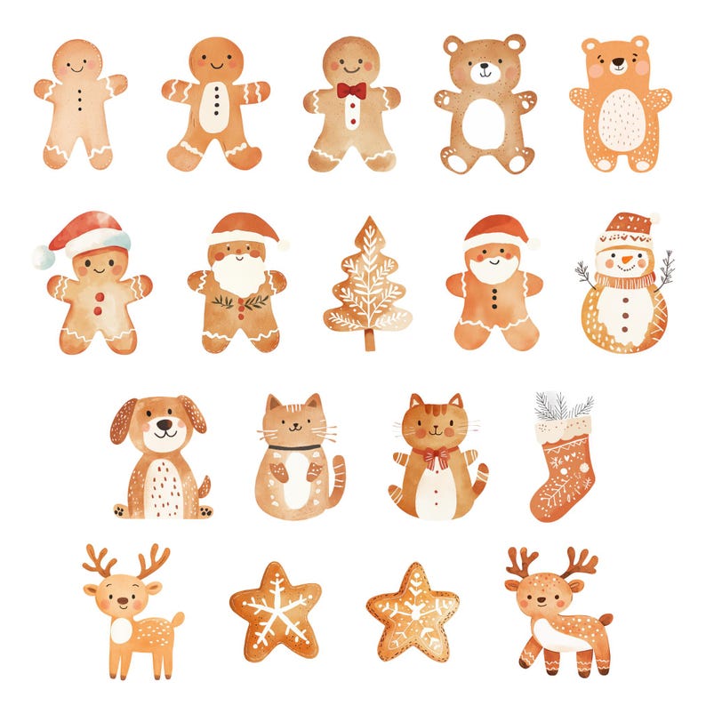 Puede incluir: Un conjunto de ilustraciones de acuarela con figuras de pan de jengibre, animales y decoraciones navide&ntilde;as. Las ilustraciones est&aacute;n en tonos marrones, rojos y blancos, y son perfectas para agregar un toque festivo a tus manualidades navide&ntilde;as.