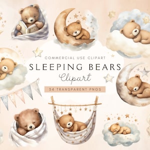 Ours en peluche endormis Clipart | Neutres | Clipart Ours en peluche | Bébé ours | Faire-part de fête prénatale | Téléchargement instantané | Utilisation commerciale