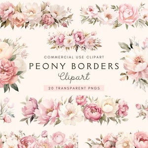 Clipart di bordo di peonie / Rosa cipria / Peonie PNG / Clip art floreale ad acquerello / Fiori / Cornice per matrimonio / Inviti / Uso commerciale
