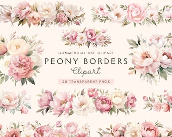 Peony Border Clipart | Blush Pink | Peonies Png | Watercolor Floral Clip Art | Flowers | Wedding Frame | Invitations | Commercial Use