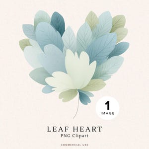 May include: A digital illustration of a heart shape made of leaves in shades of blue, green, and white. The image includes the text "LEAF HEART PNG Clipart" and "COMMERCIAL USE". A small circle with the number "1" and the word "IMAGE" is in the upper right corner.