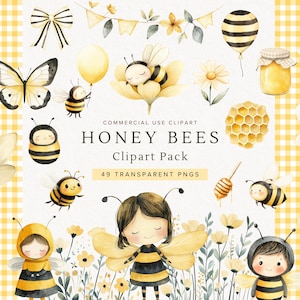 Clipart de abejas bebé / Lindo abejorro de acuarela PNG / Abejas de primavera / Descarga digital para decoración de guardería / Conjunto de imágenes prediseñadas de baby shower / Cumpleaños