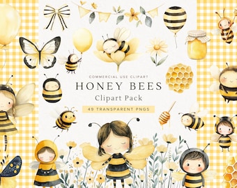 Baby Bees Clipart | Cute Watercolor Bumblebee PNG | Spring Bees | Digital Download for Nursery Decor | Baby Shower Clipart Set | Birthday
