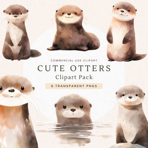 Aquarell Clipart Otter Set, druckbare hochwertige PNGs für Kinderzimmerdekor, süßes Tier digitaler Download, entzückende Grafiken für Papiermodelle