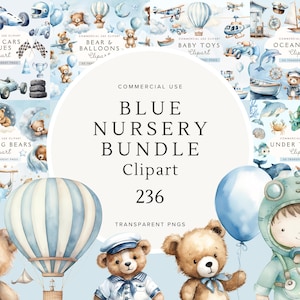 Pacchetto Clipart per Baby Shower / Cameretta Blu / Decorazioni per Neonati / Orsacchiotto Acquerello e Palloncini / Sotto il Mare / Giocattoli / Oceano