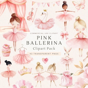 Clipart di cigni e ballerine / Acquerello di balletto carino / Piccola ballerina rosa PNG, download digitale per decorazioni per la cameretta dei bambini, invito di compleanno del lago dei cigni